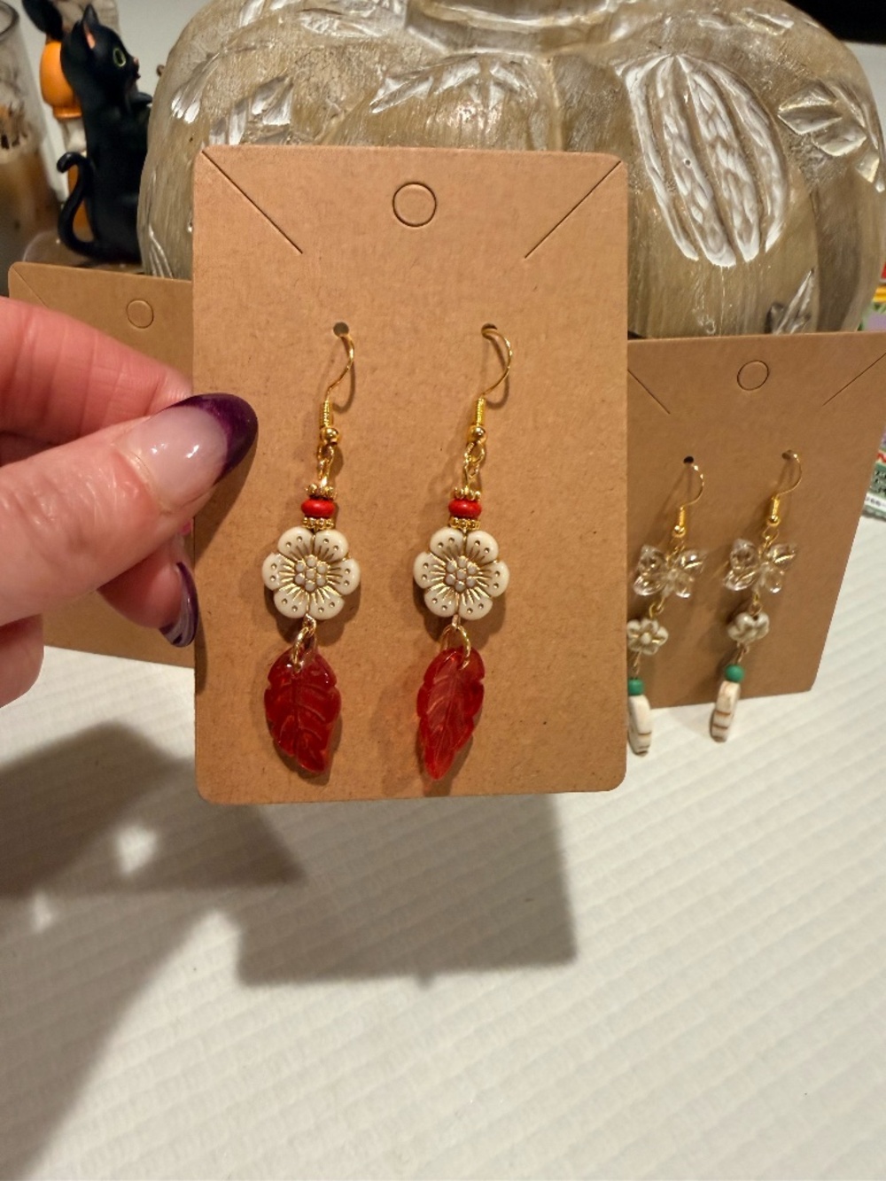 Handmade Red Leaf White Floral Dangle Earrings Autumn Cottagecore Boho